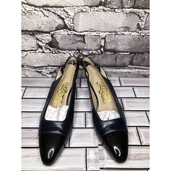 Salvatore Ferragamo Blue Leather Cap Toe Slingback Pumps Heels Women Sz 8AAAA US - Picture 12 of 16